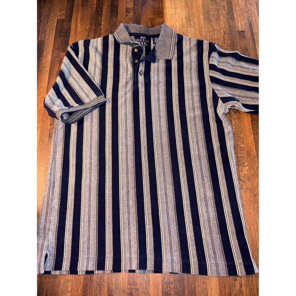 Trader Bay Mens Vertical Stripe Polo Shirt Navy Blue Grey Cotton Pique Medium